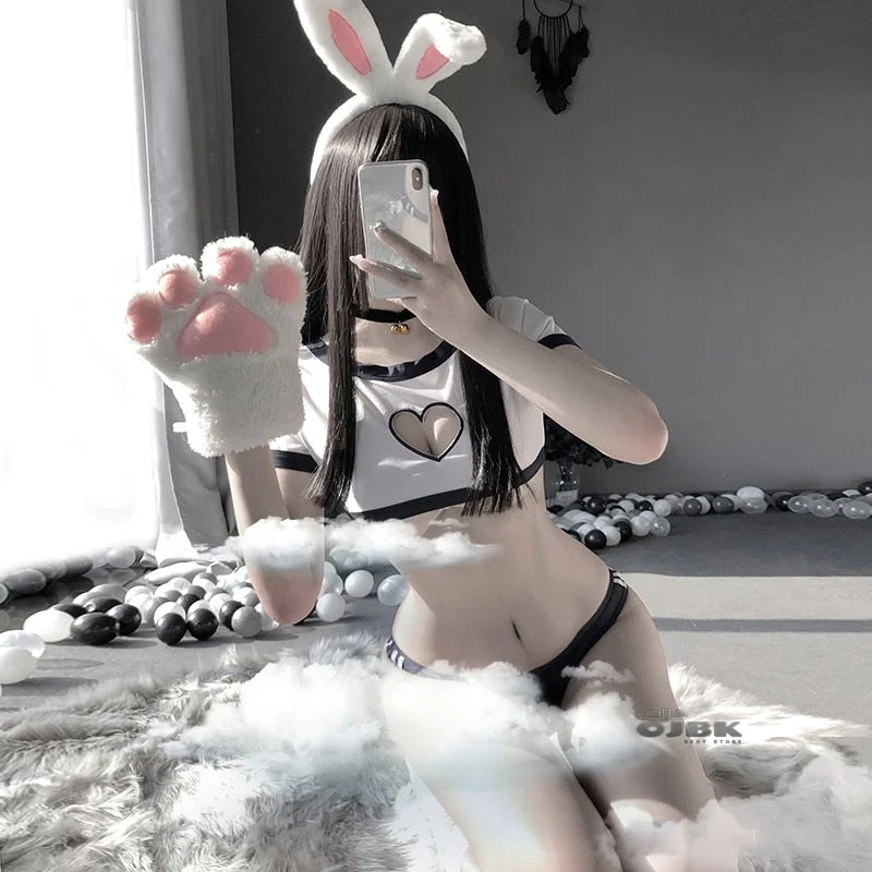 OJBK Sexy Heart Hollow Open Chest Erotic Lingerie Japanese Sweet Student Role Play Costume Rabbit Tail School Girl Uniform