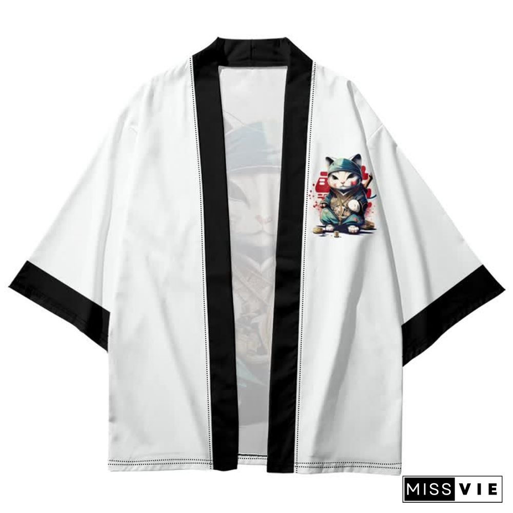 Vintage Cat Warriors Print Cardigan Kimono Outerwear