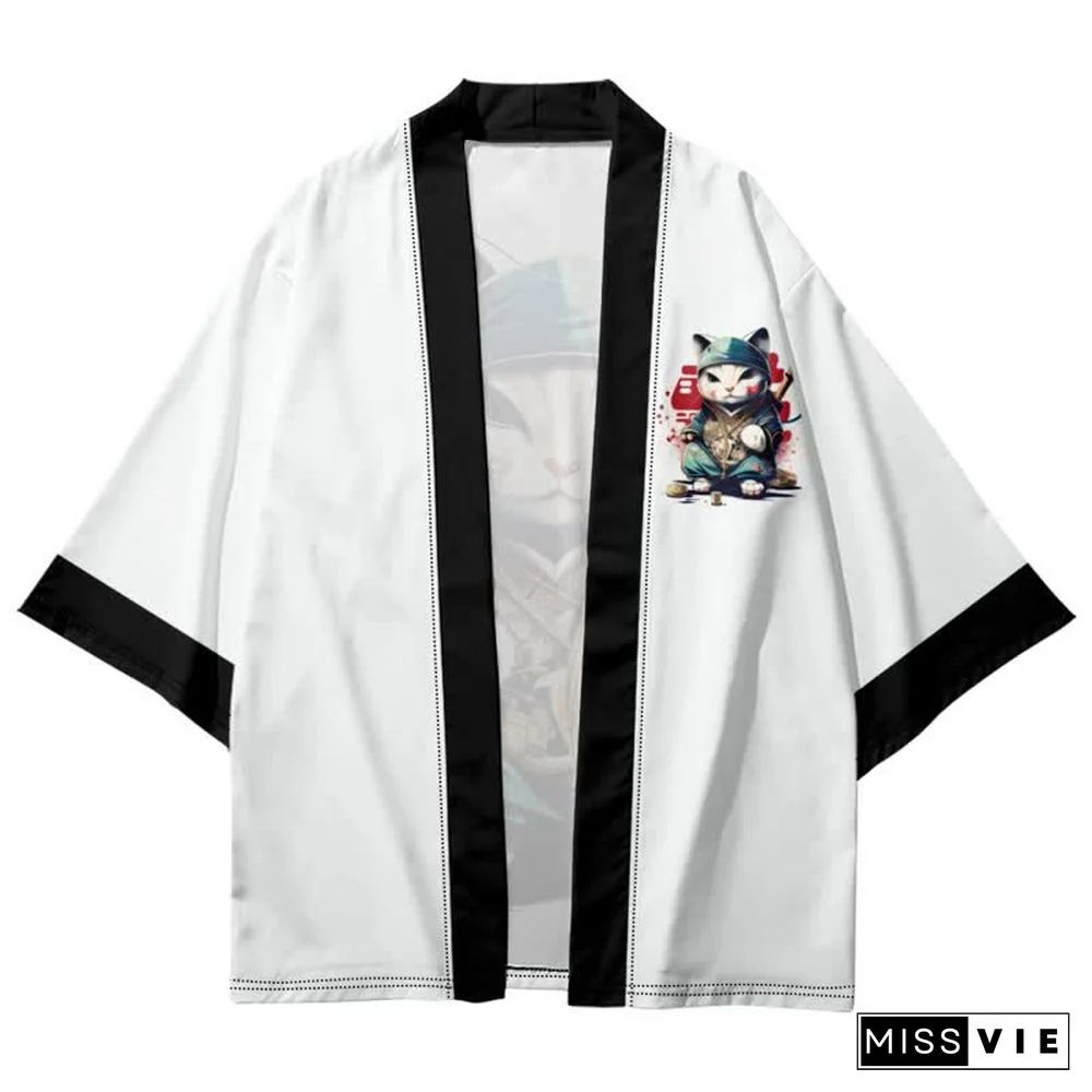 Vintage Cat Warriors Print Cardigan Kimono Outerwear