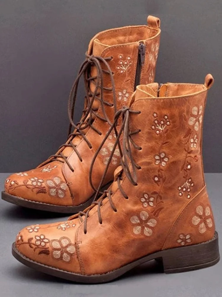 Floral Embroidered Laced Flat Boots