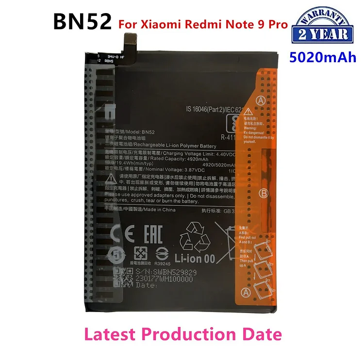 100% Orginal BN52 5020mAh Battery  For  Xiaomi Redmi Note 9 Pro  Phone Replacement Batteries