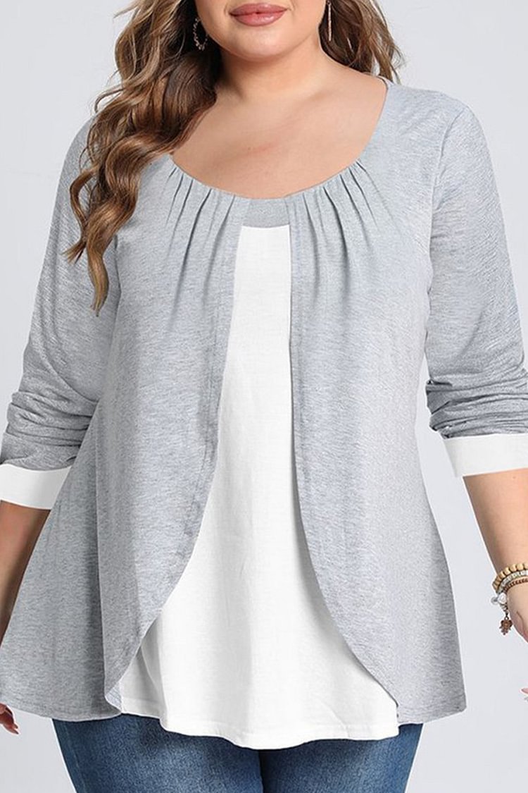 Flycurvy Plus Size Casual Grey Pleated Fake Two Pieces Long Sleeve Blouses  flycurvy [product_label]