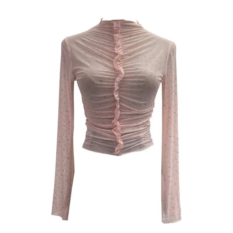 Uveng Real Shooting 2024 New Hot Diamond Half-High Collar Perspective Thin-Bottomed Shirt Mesh Top Beautiful Chic Shirt 2635