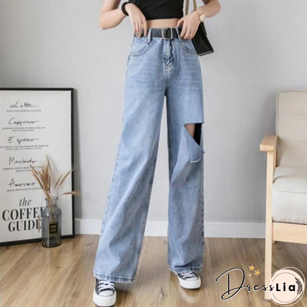 High Waisted Ripped Womens Jeans-For clothes wide leg denim clothing blue streetwear