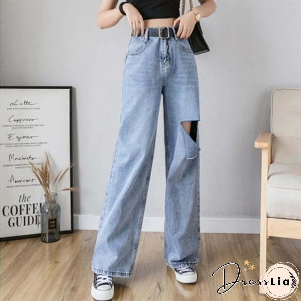Woman Jeans High Waist Ripped Jeans Autumn Winter For Clothes Wide Leg Denim Clothing Blue Streetwear Fashion Vintage Pants
