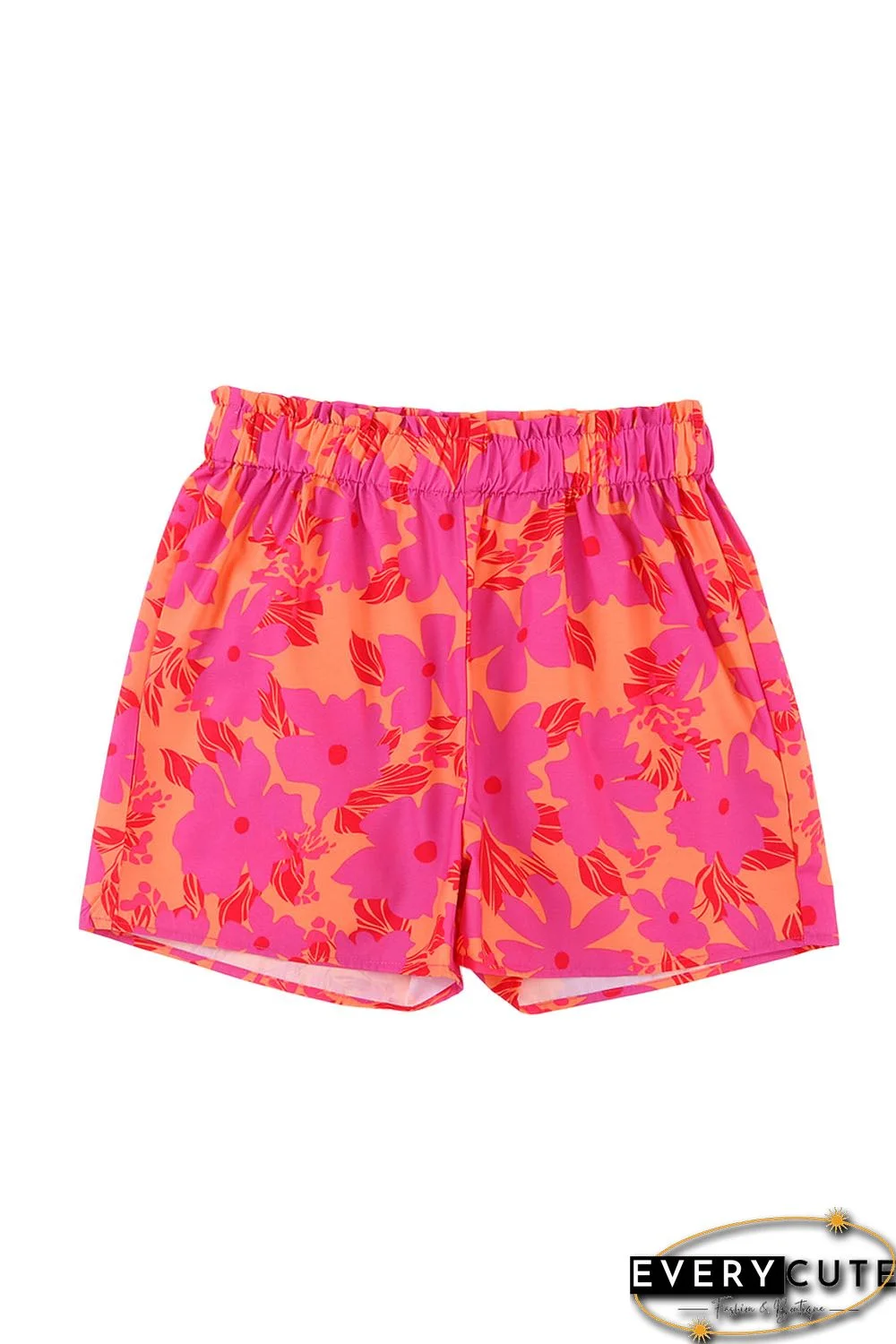 Pink Floral Print Smocked Waist Shorts