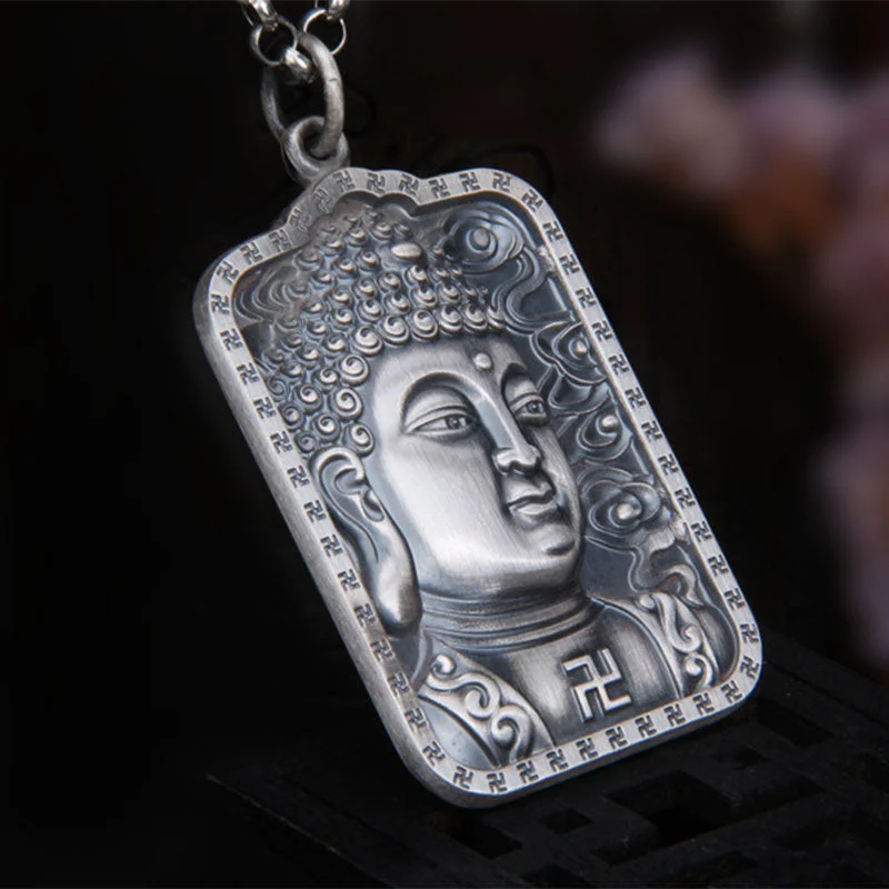 Buddha 999 Sterling Silver Swastika Heart Sutra Compassion Necklace Pendant