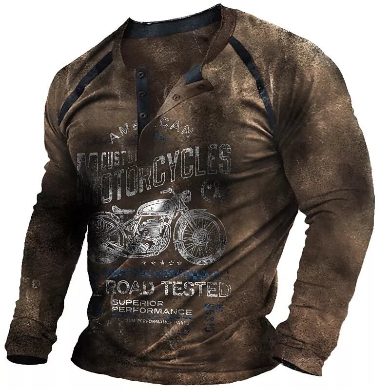 Men's 3D Print Graphic Patterned Motorcycle Henley Casual Button-Down Long Sleeve T-Shirt