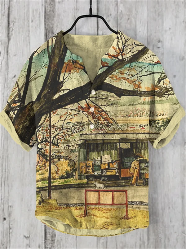 Men's Japanese Style Village Scenery Print Half Button Shirt