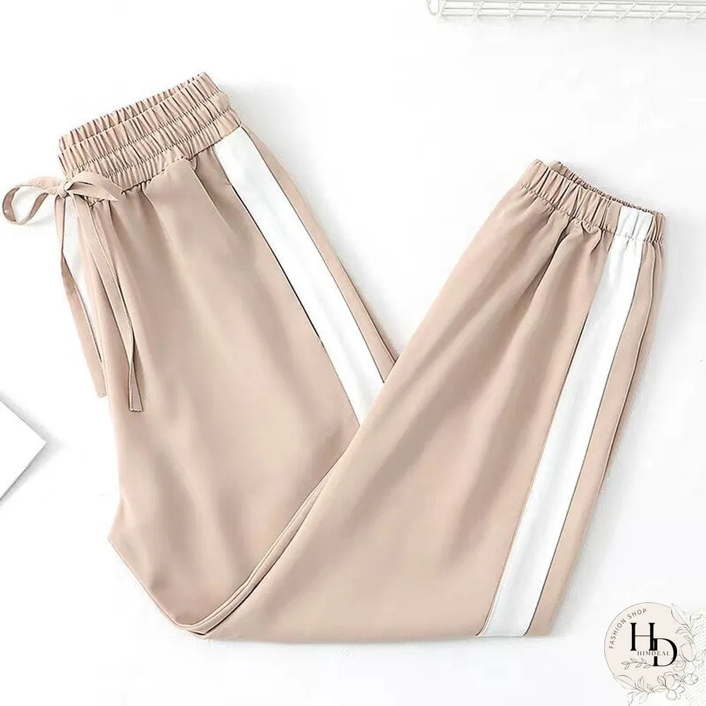 Womens Sport Pants-Spring Side Stripes-Casual Loose Chiffon-Elastic Waist Lantern