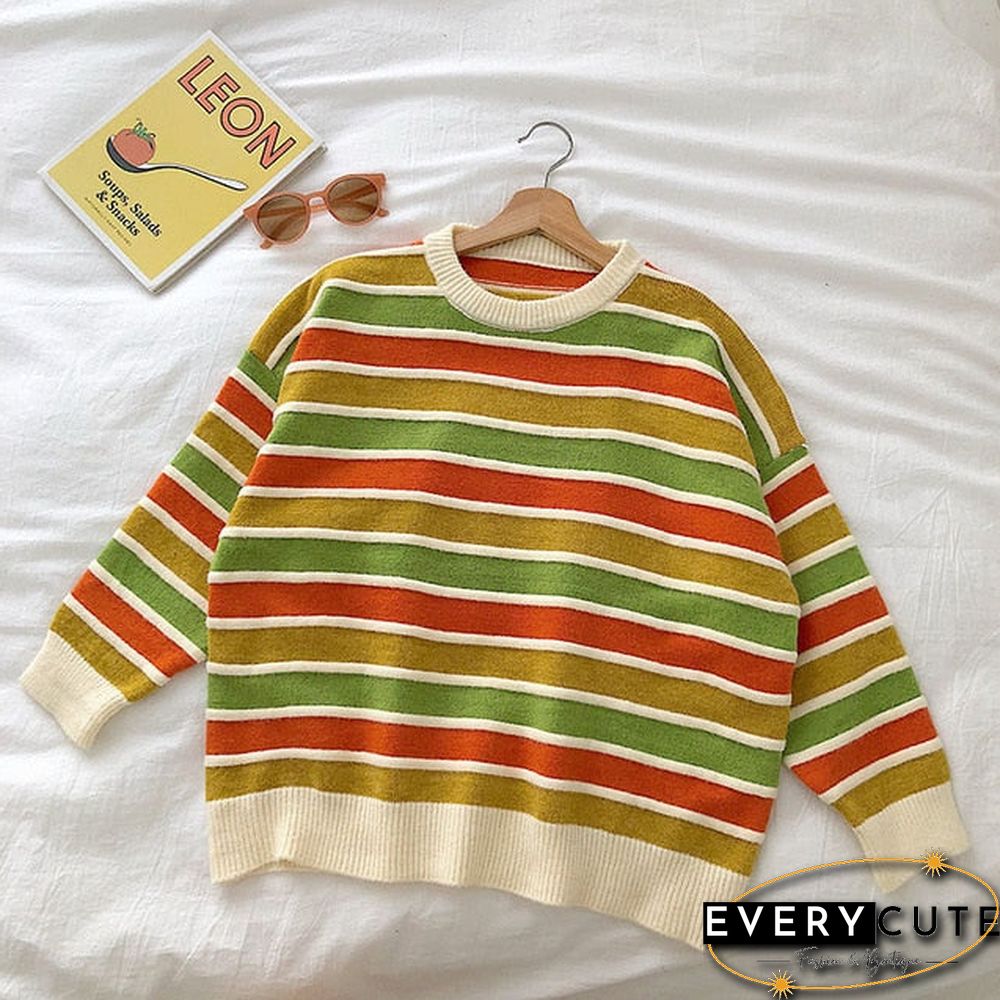 New Women Stripe Sweater Autumn Winter Loose Long Sleeve Pullover Tops Korean Ladies Knitted Patchwork Korean Sweaters