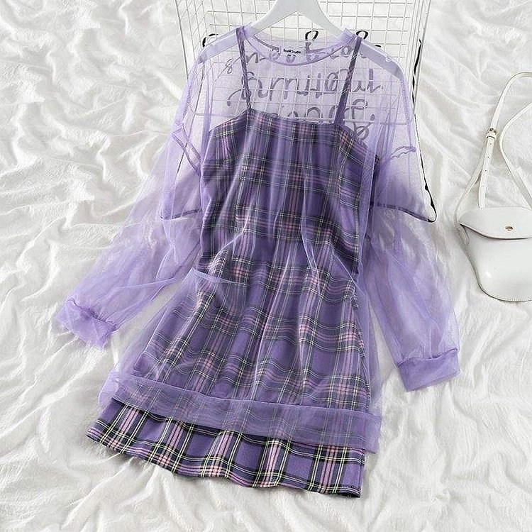 Sweet Purple Plaid Halter Dress+Mesh Sunscreen Blouse Suit SP15781