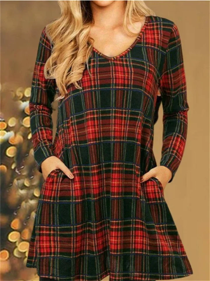 Women's Christmas Tartan Dress Casual Dress T Shirt Dress Tee Dress Short Mini Dress Red Long Sleeve Plaid Snowflake Candy Ruched Print Fall Winter V Neck Casual Modern 2022 S M L XL XXL 3XL-Hoverseek