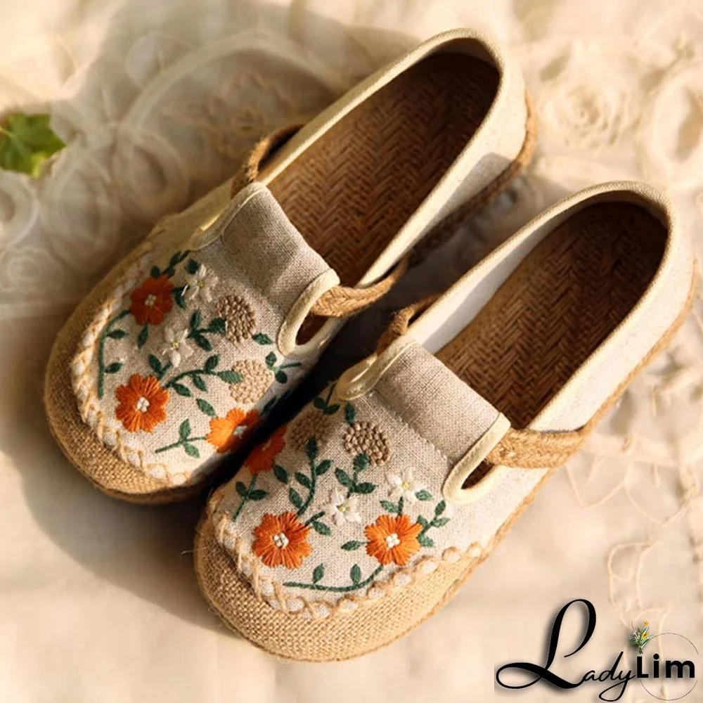 Vintage Embroidery Floral Canvas Flats Shoes