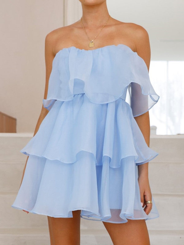 Strapless Ruffled Multiple Tiered Sheer Design Mini Dress