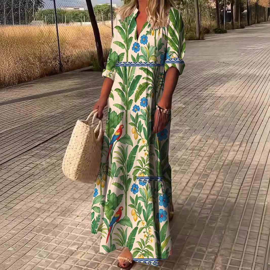 Women Tropical, Green DZDN0087 SPU Printed Long Sleeve V-neck Maxi Dress