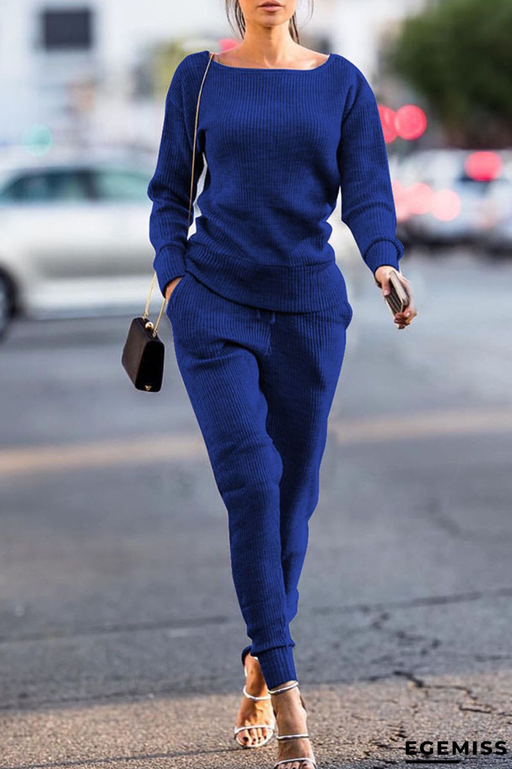 Royal blue Trendy Pockets Blending Two-piece Pants Set | EGEMISS