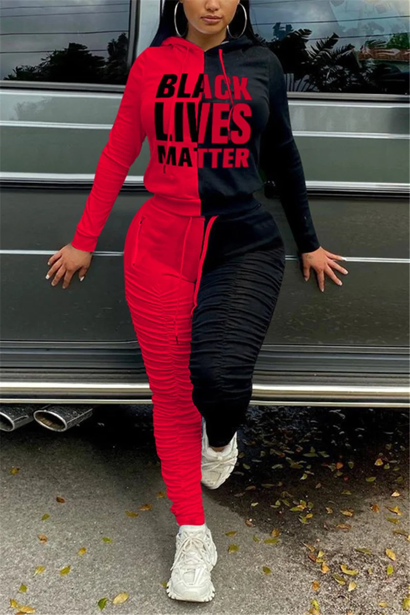 Red Street Print Fold Hooded Collar Long Sleeve Regular Sleeve Regular Two Pieces | EGEMISS