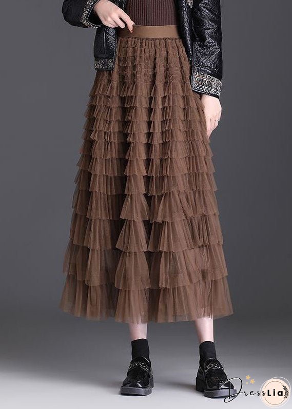Stylish Coffee Ruffled Layered Patchwork Tulle Skirt Spring