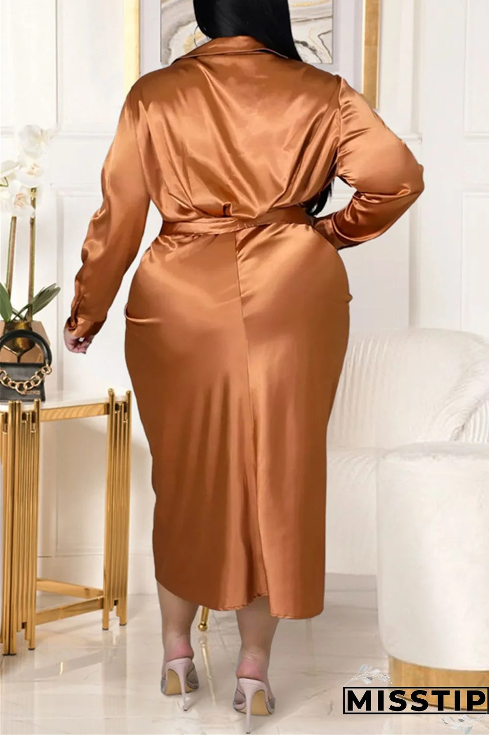 Black Fashion Casual Solid With Belt Turndown Collar Long Sleeve Plus Size Dresses