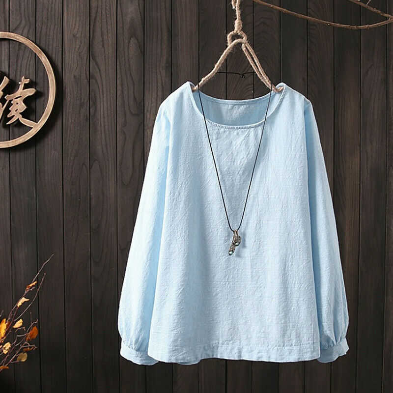 Loose Round Collar Women's Plain Casual Cotton Linen Shirts