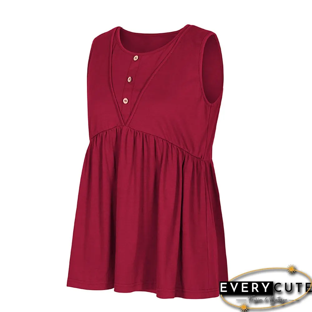 Wine Red Solid Buttoned Knit Loose Tank