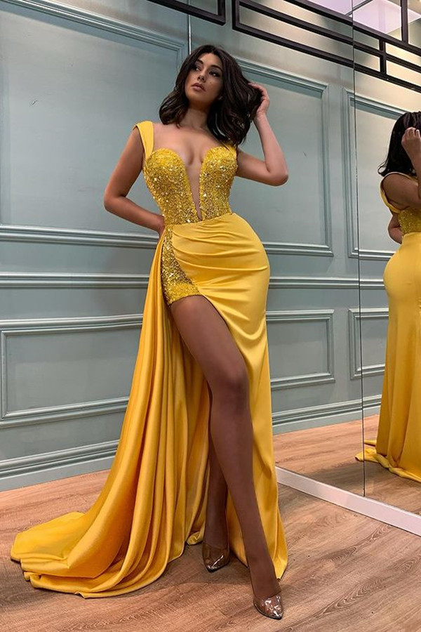 Dresseswow Yellow Straps Mermaid Prom Dress SPlit WIth Sequins Appliques