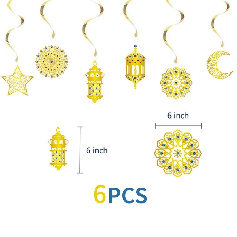 6pcs/set EID Mubarak Decoration Swirl Banner Star Moon Ceiling Hanging Ornament Ramadan Kareem Islam Muslim Party Supplies