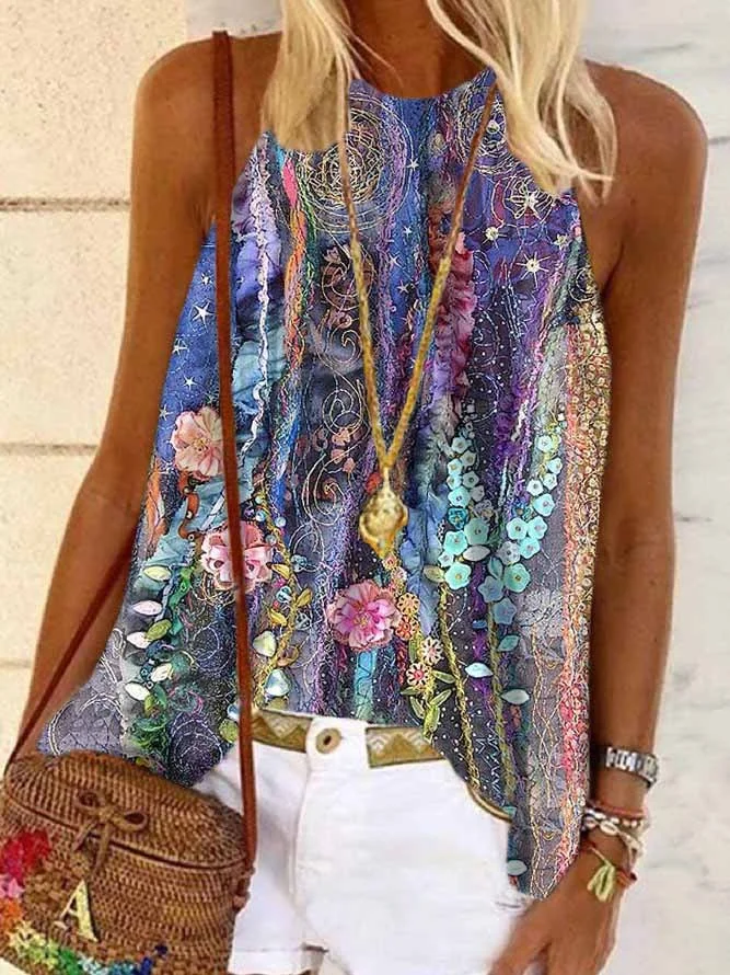 Women'S Floral Print Relaxed Sleeveless Tank Top