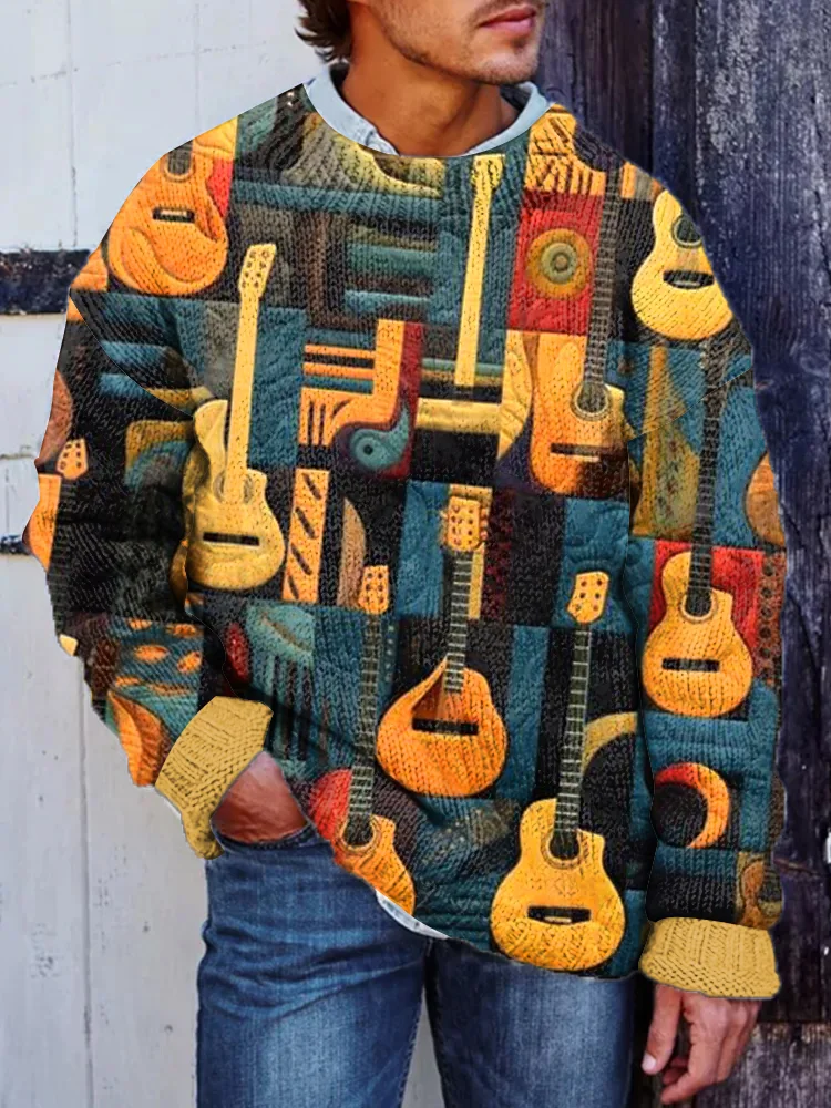 Men's Contrast Color Guitar Splicing Art Print Knit Sweatshirt