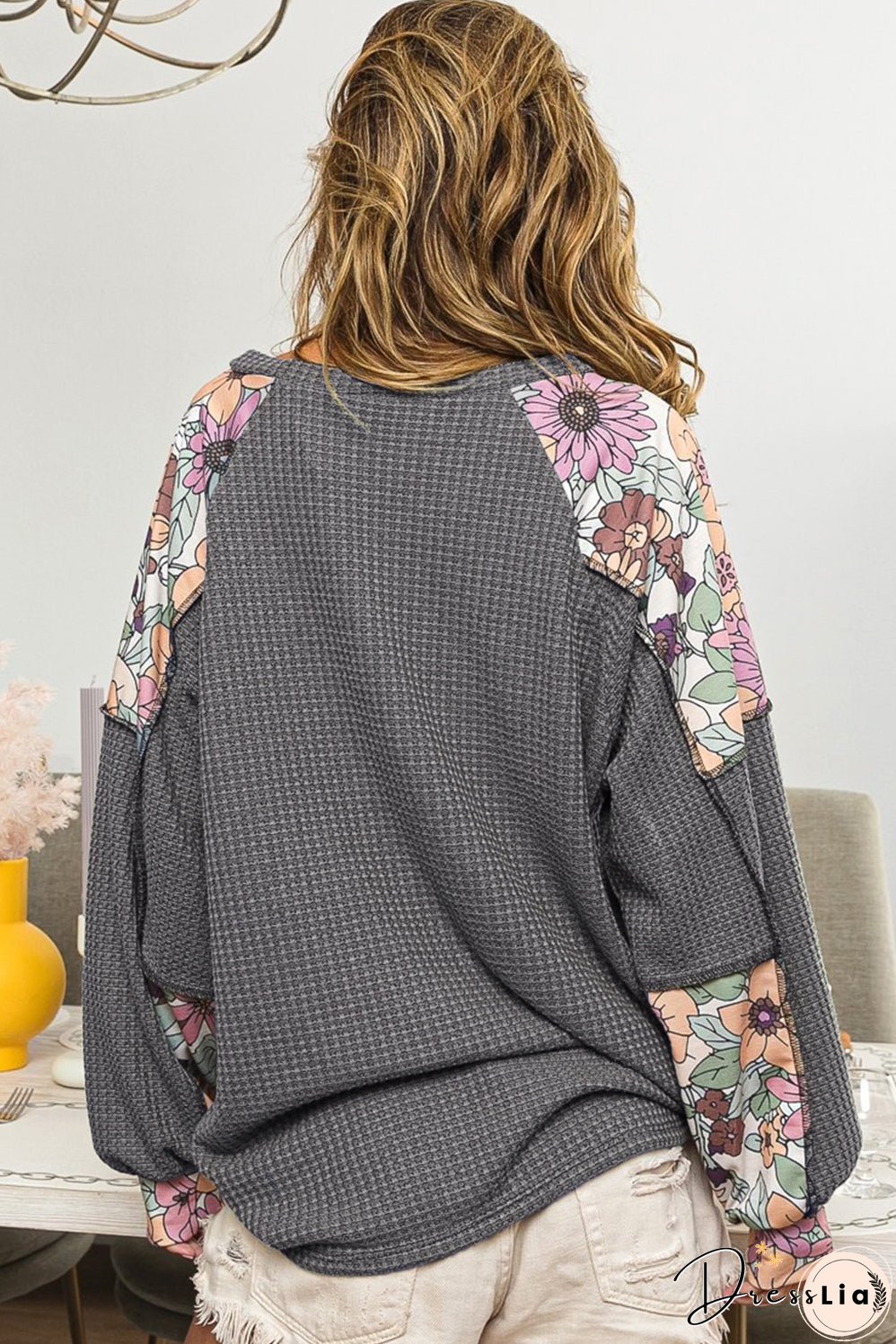Gray Floral Patchwork Textured Lantern Sleeve Top