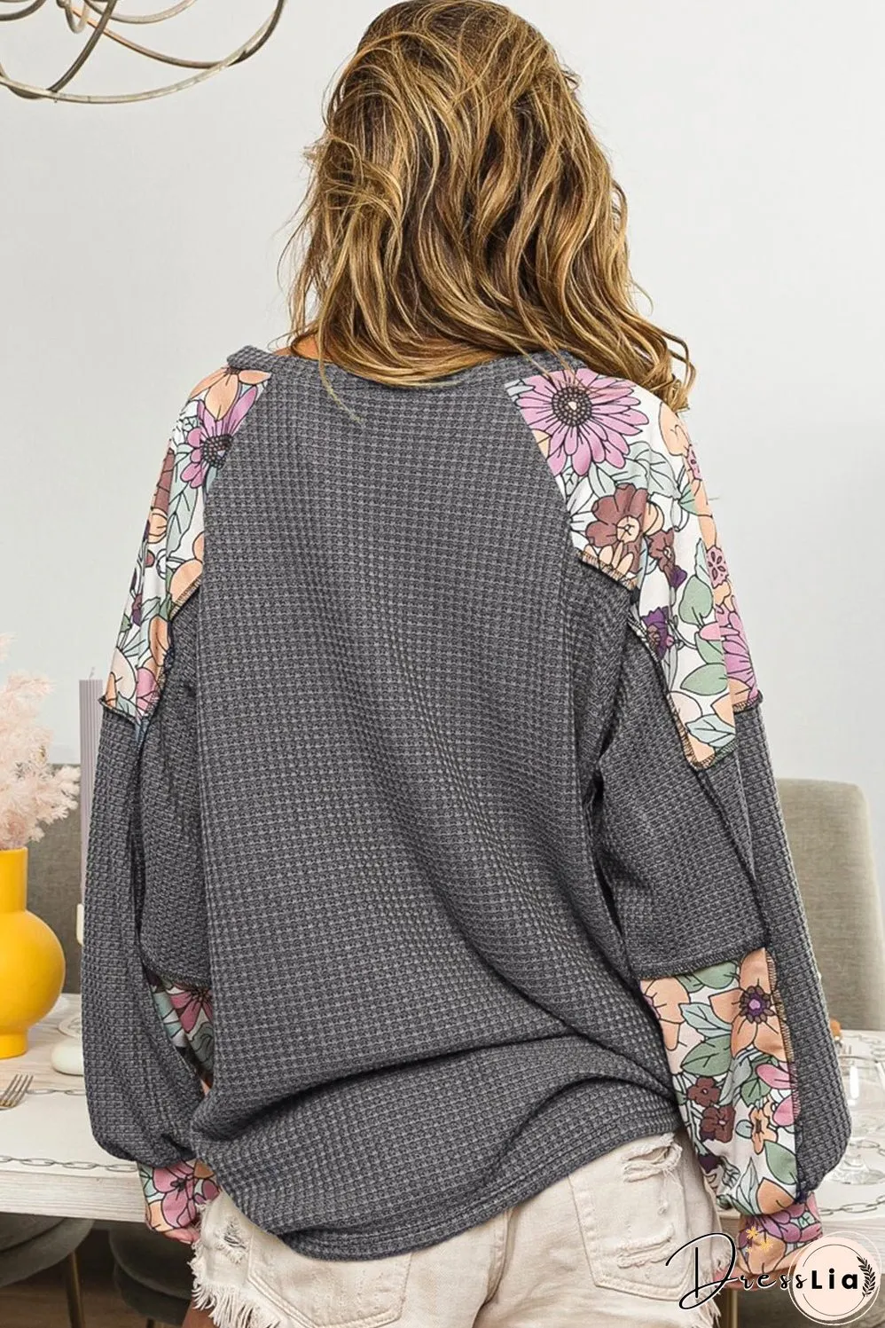 Gray Floral Patchwork Textured Lantern Sleeve Top