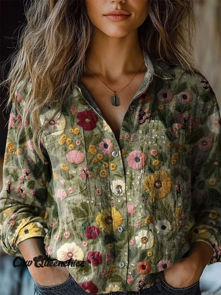 Women’s Vintage Embroidered Floral Art Print Casual Long Sleeve Comfortable Cotton Shirt