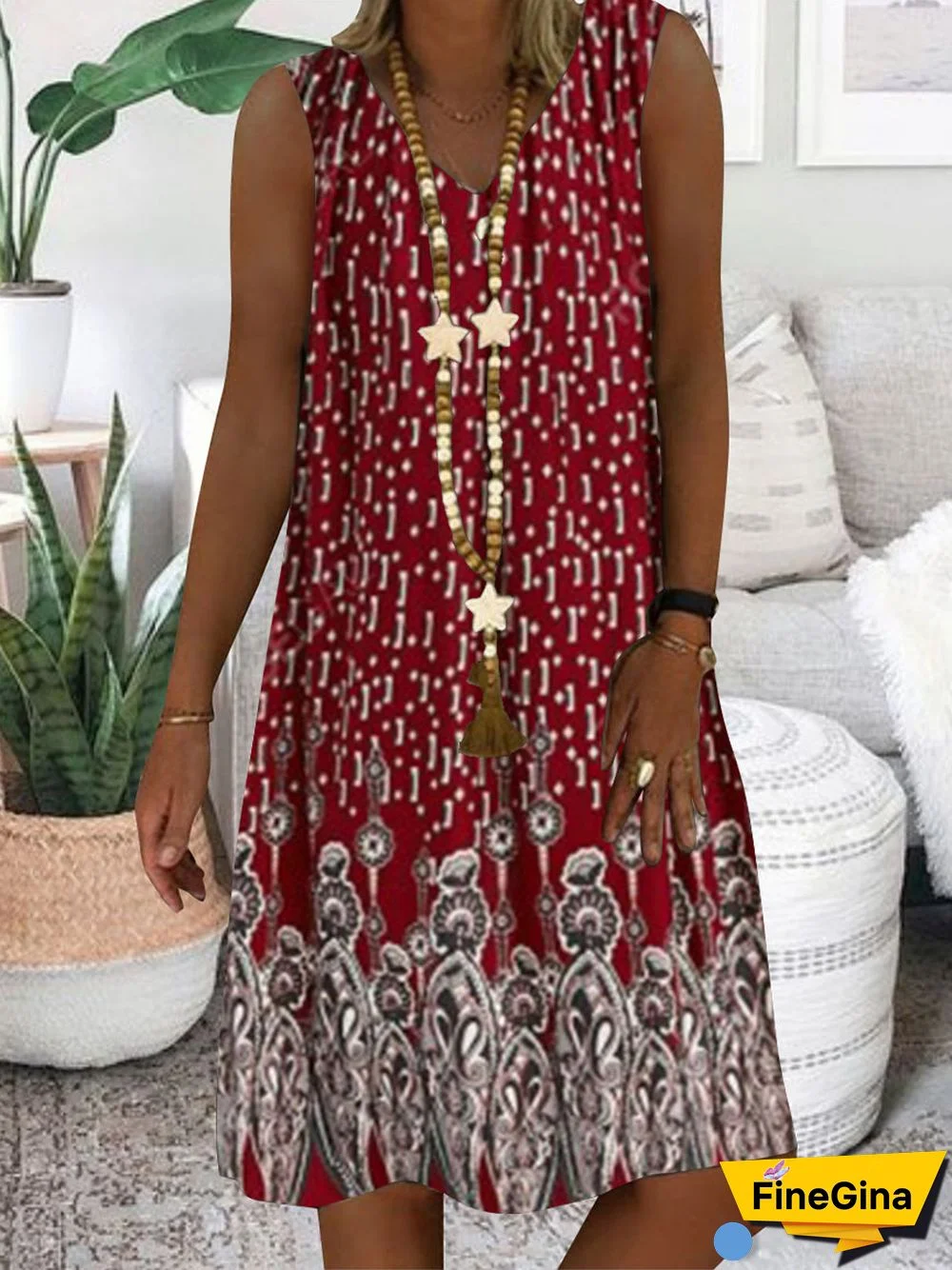 Women Casual Sleeveless V-neck Floral Printed Midi Dress