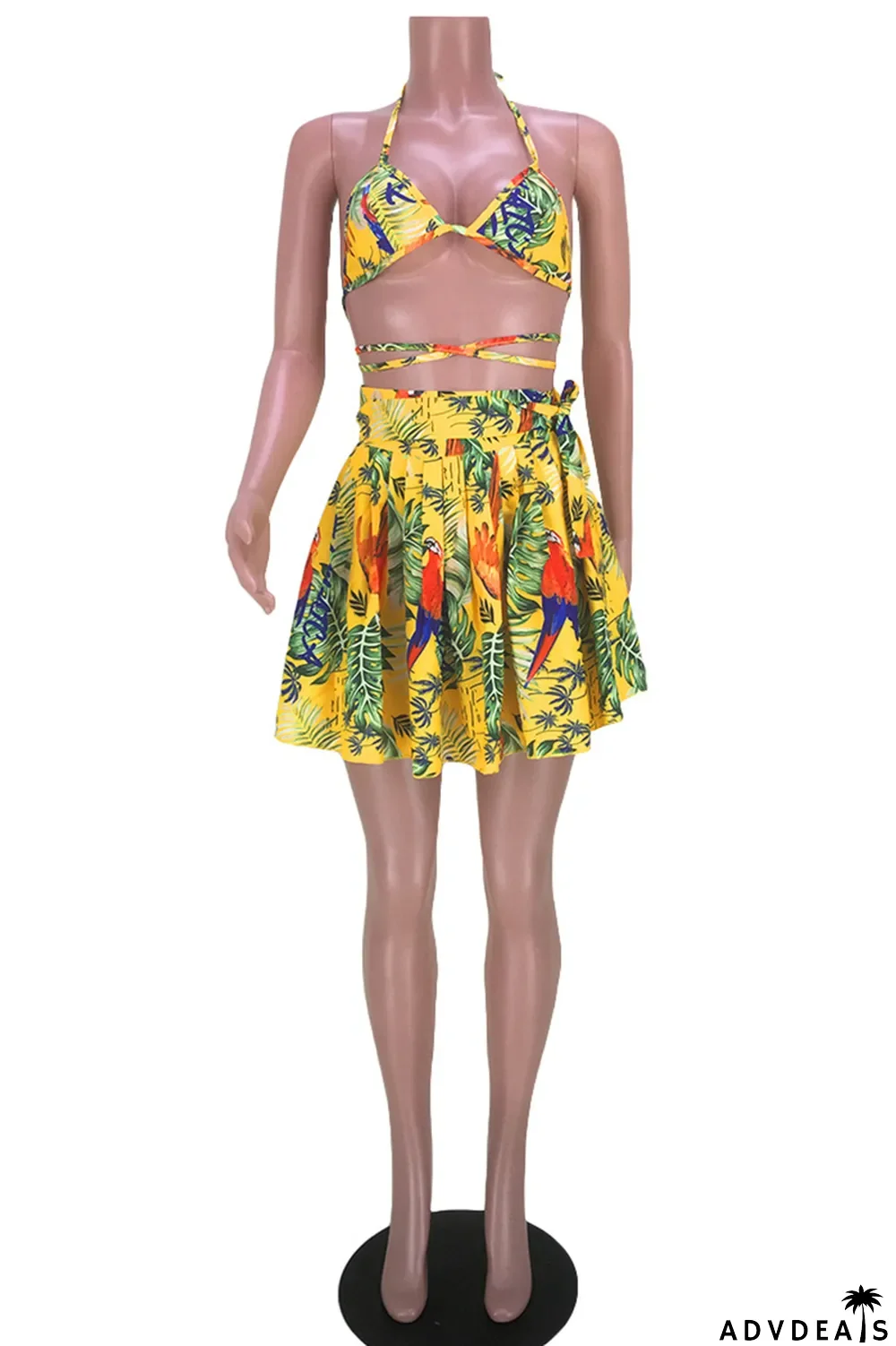 Gold Fashion Sexy Print Bandage Backless Spaghetti Strap Sleeveless Two Pieces