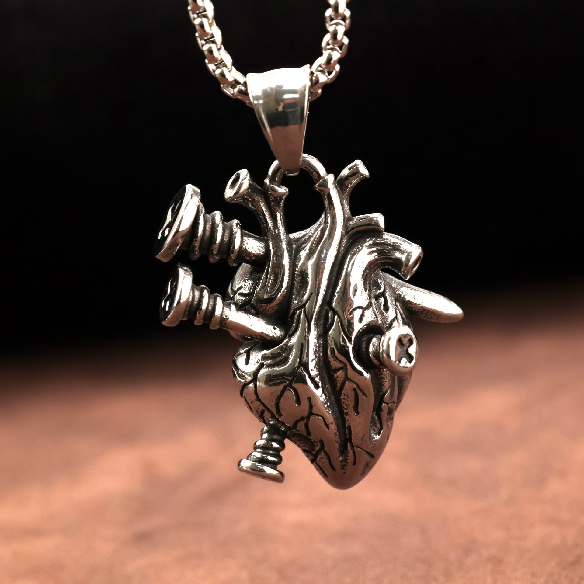 Vintage Stainless Steel Men's Pendant - Punk Gothic Screwed Heart Charm 