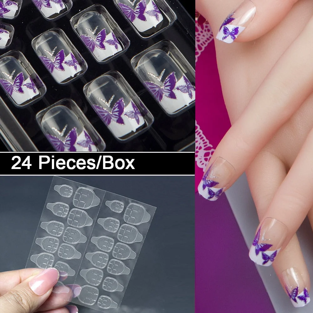 JQ 24 pcs in 1 Box With Nail Glue Tape Press On False Nail Art Tips Full Cover Fake Nail Tip 10 Sizes 12J301