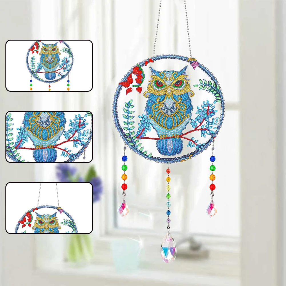 DIY Flower Owl Wind Chimes Wreath Diamond Crystal Painting Ornament for Home Wall Decor