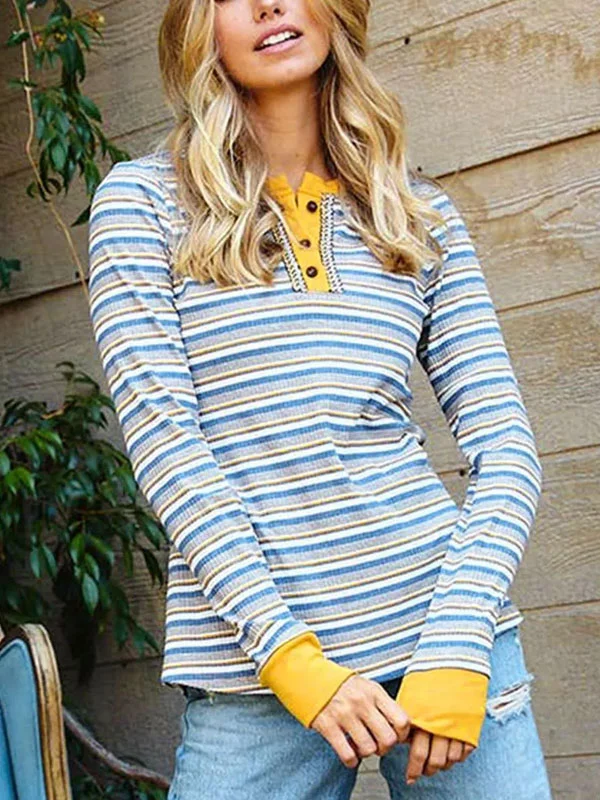 Striped Knit Button Down Long Sleeve Top