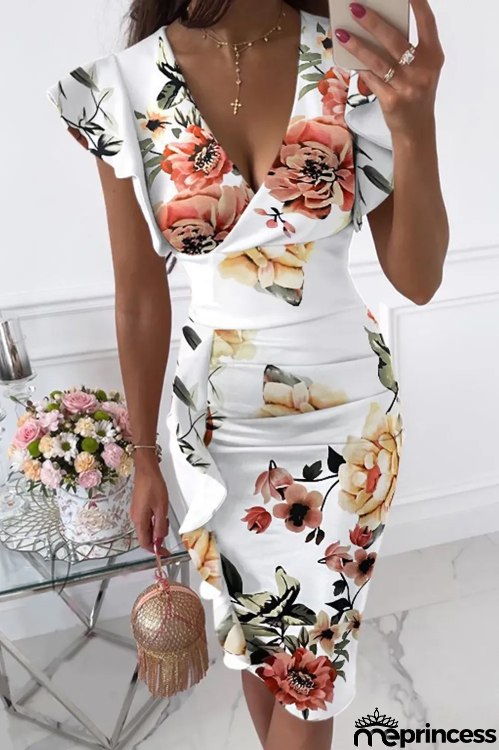 Fashion Elegant Solid Flounce Fold V Neck Wrapped Skirt Dresses(9 Colors)