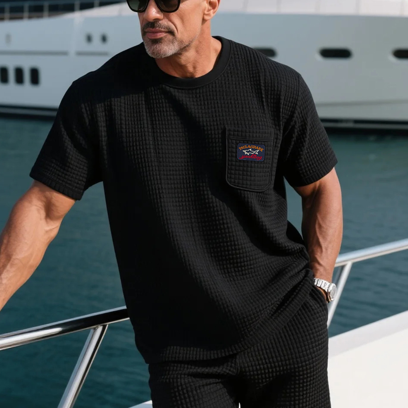 Men's Loose Comfort Yacht Club Waffle Fabric Short Sleeve T-Shirt Shark Top