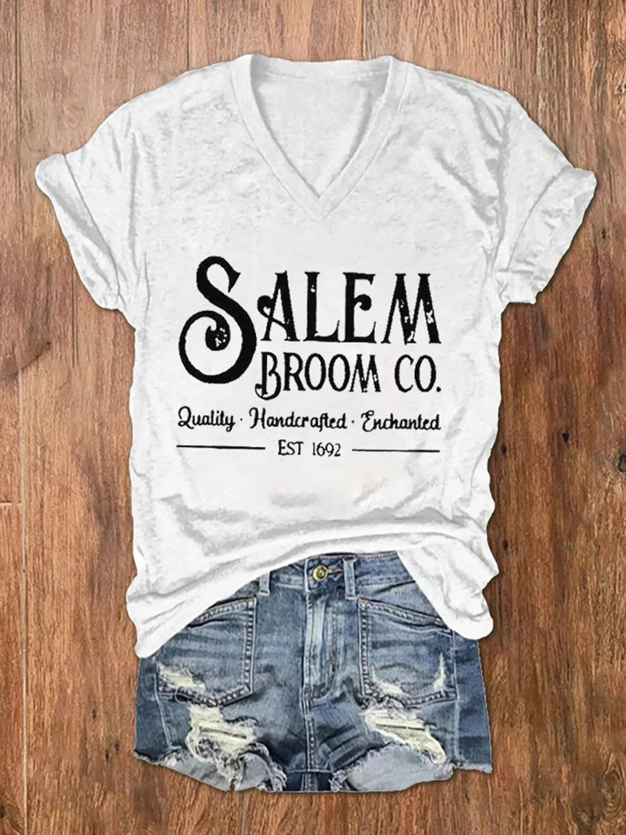Halloween Salem Broom Co. Quality Handcrafted Enchanted Est 1692 V-Neck Short Sleeves T-shirt
