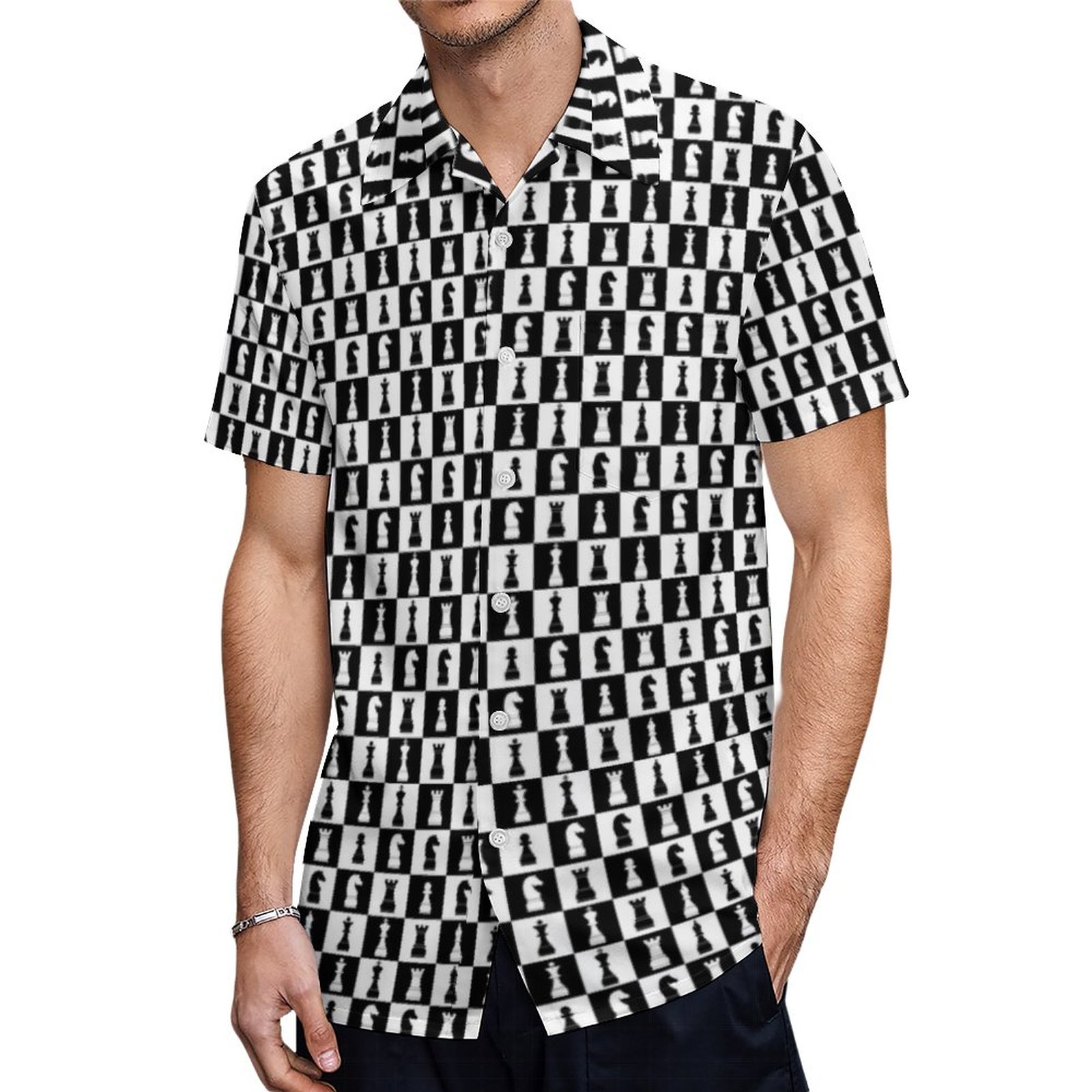 Black And White Chess Game Figues Pattern Hawaiian Shirt Mens Button Down Tropical Hawaii Beach Shirts