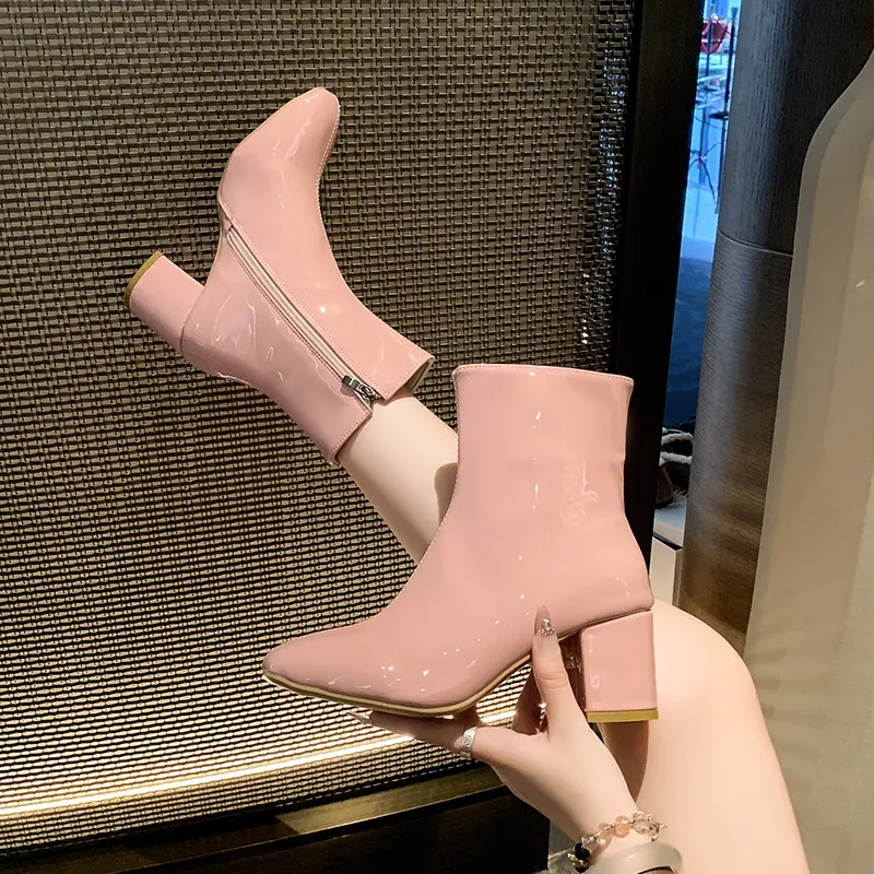 Breakj Breakj Winter New Korean Version Of High-Heeled Thin Boots Fashion Short Boots Women's Large Size Shoes Bright Leather Side Zipper Coarse