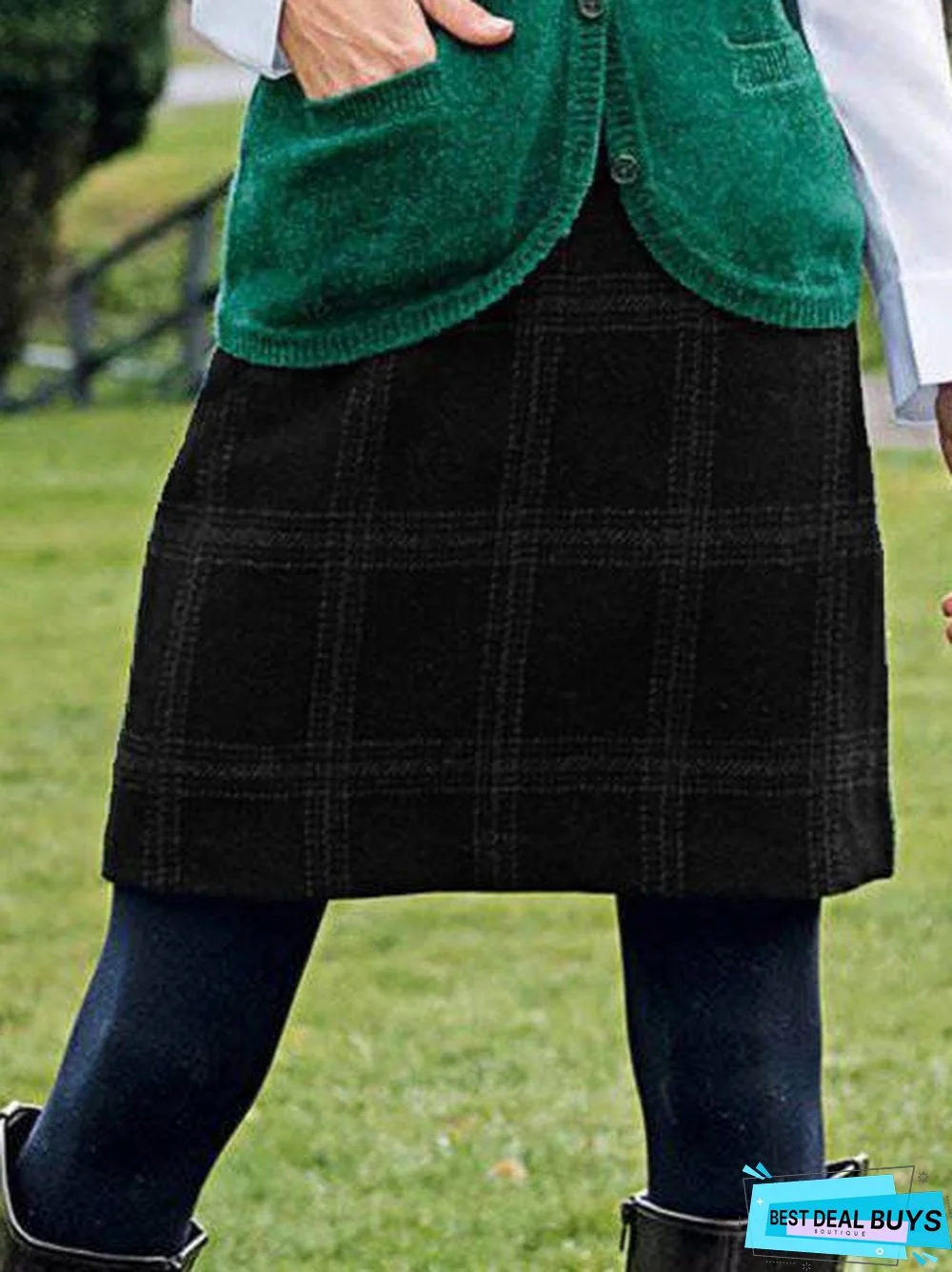 Multicolor Cotton-Blend Plaid Casual Skirt