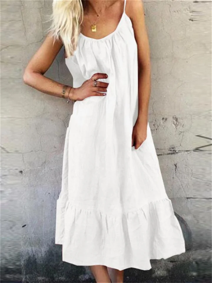 Cotton Linen Halter Dress In Solid Color With Flounces White Dresses | EGEMISS