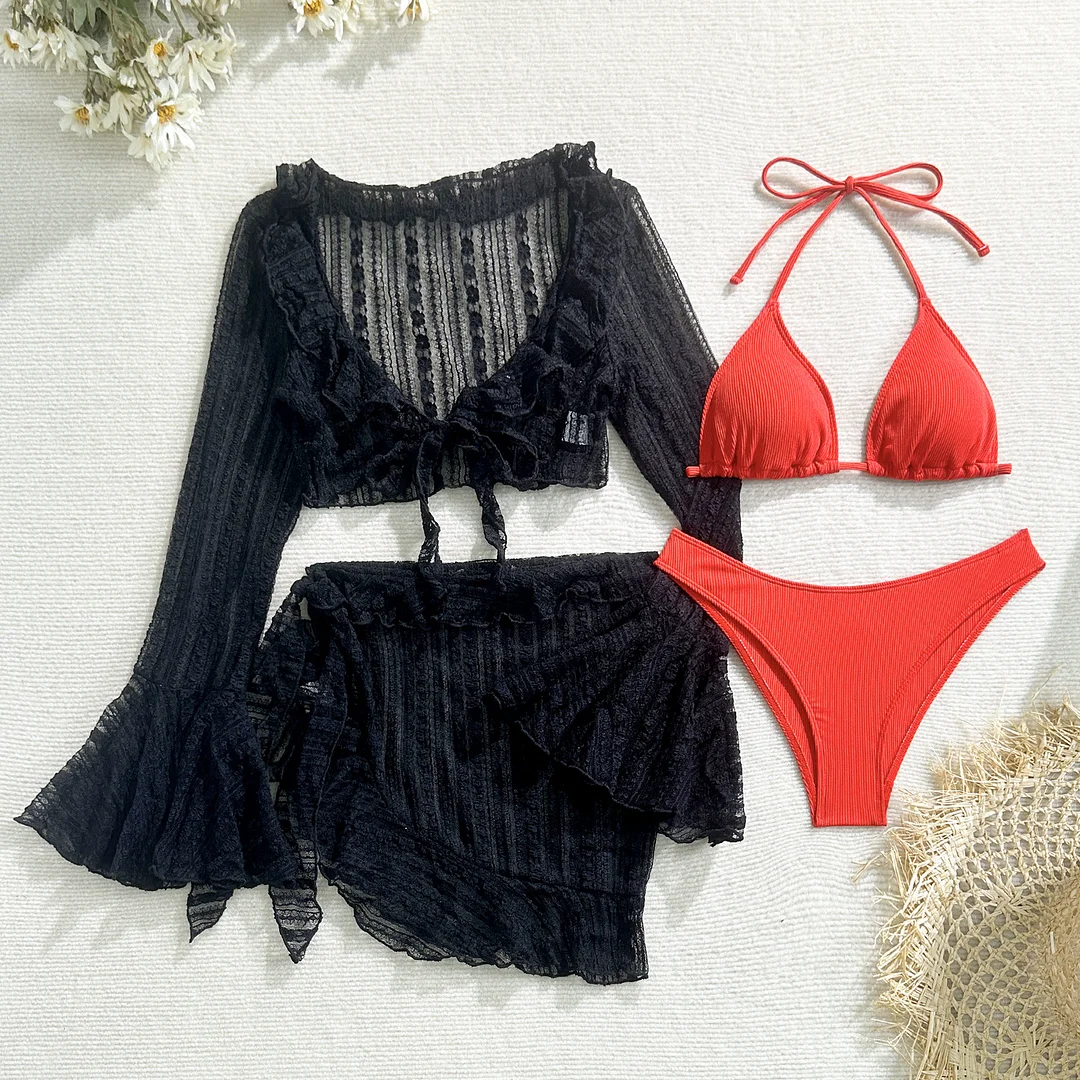 Uveng 2024 New Sexy Lace Mesh Four-Piece Swimsuit Bikini