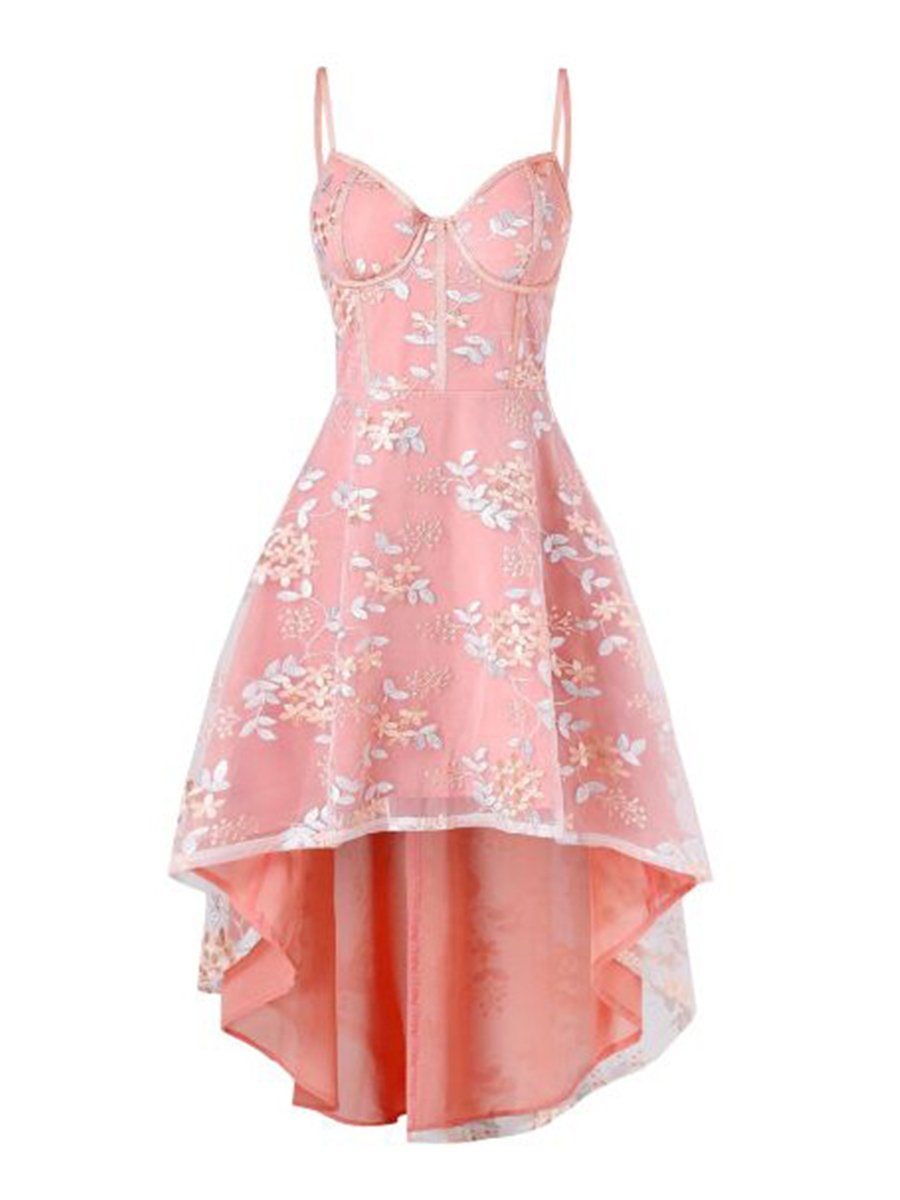 1950s Irregular Dress Floral Embroidery High Low Hem Slip Dress