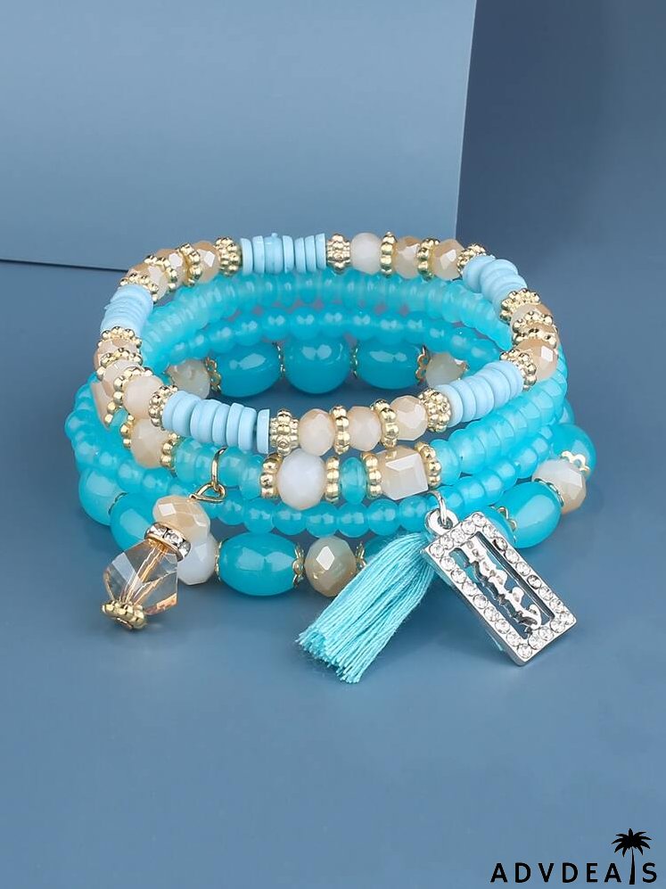 4pcs Tassel & Rectangle Charm Beaded Bracelet
