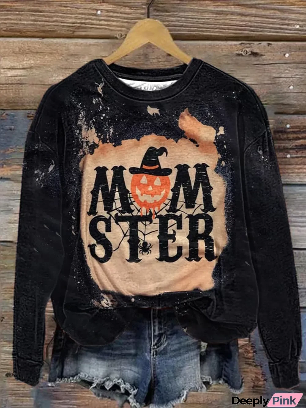 Women's Halloween Momster Pumpkin Face Bleached Print Sweatshirt